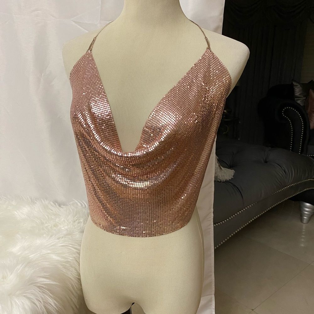 Sequin metal backless gold top